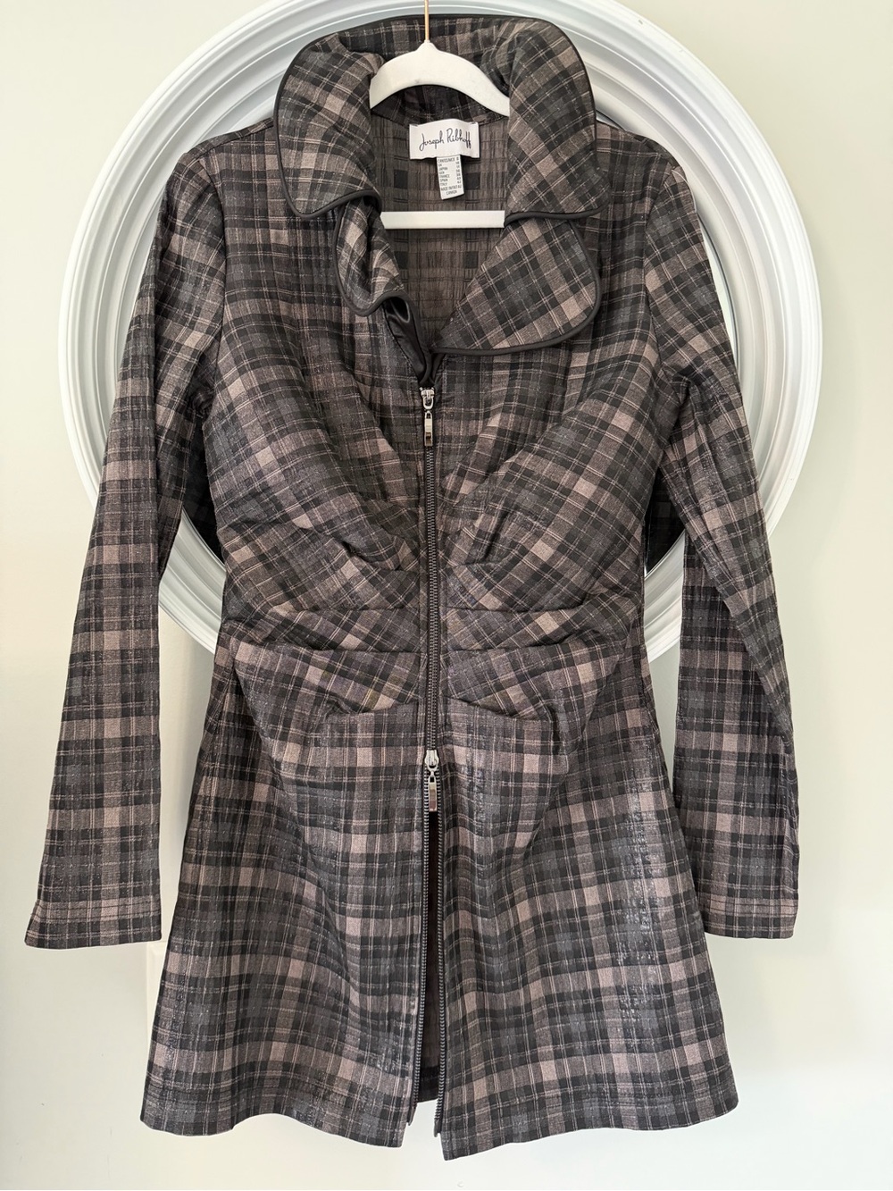 Joseph Ribkoff Plaid Zip-Front Trench Coat in Gray and Pink